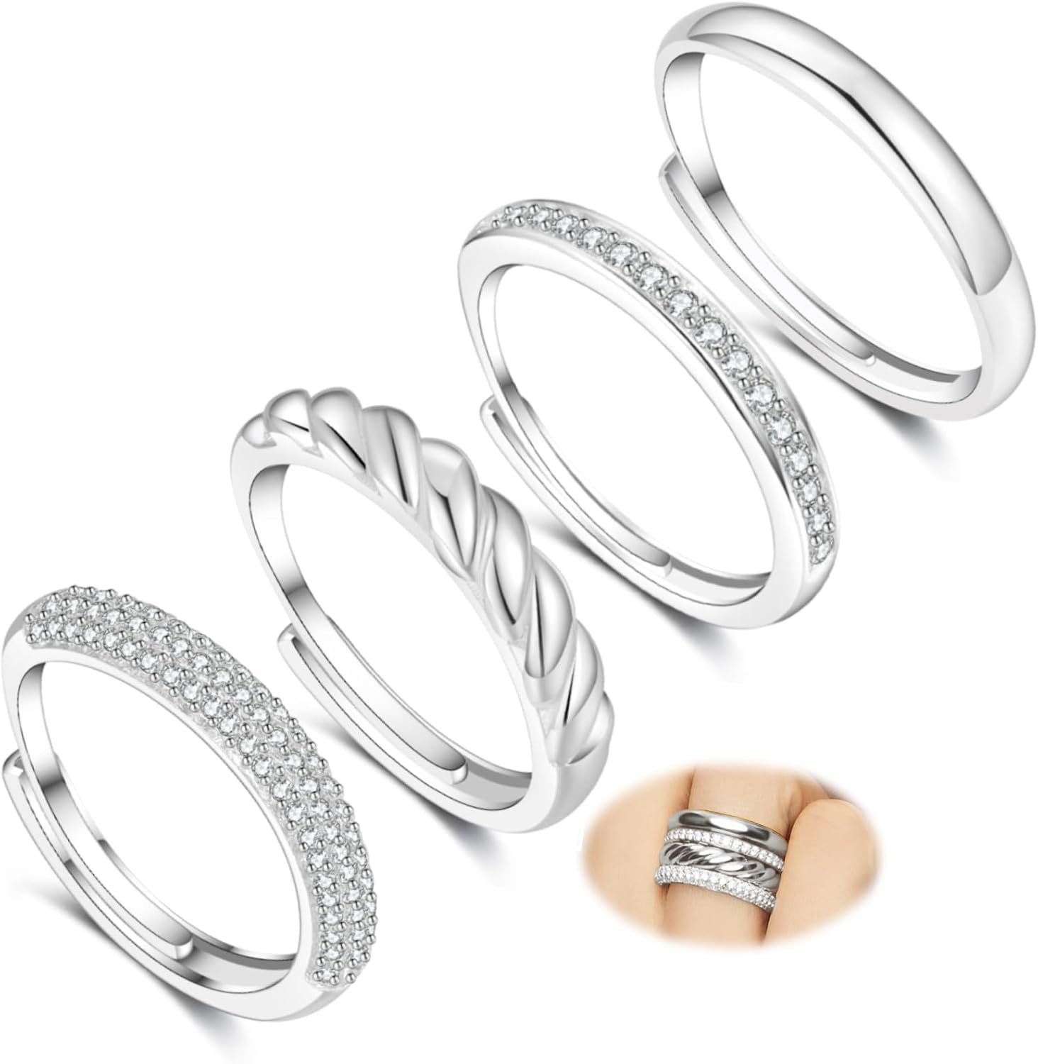 Senteria 4Pcs Silver Stackable Rings for Women Adjustable Chunky Silver Thumb Rings Set Waterproof Cubic Zirconia Ring for Women Non Tarnish