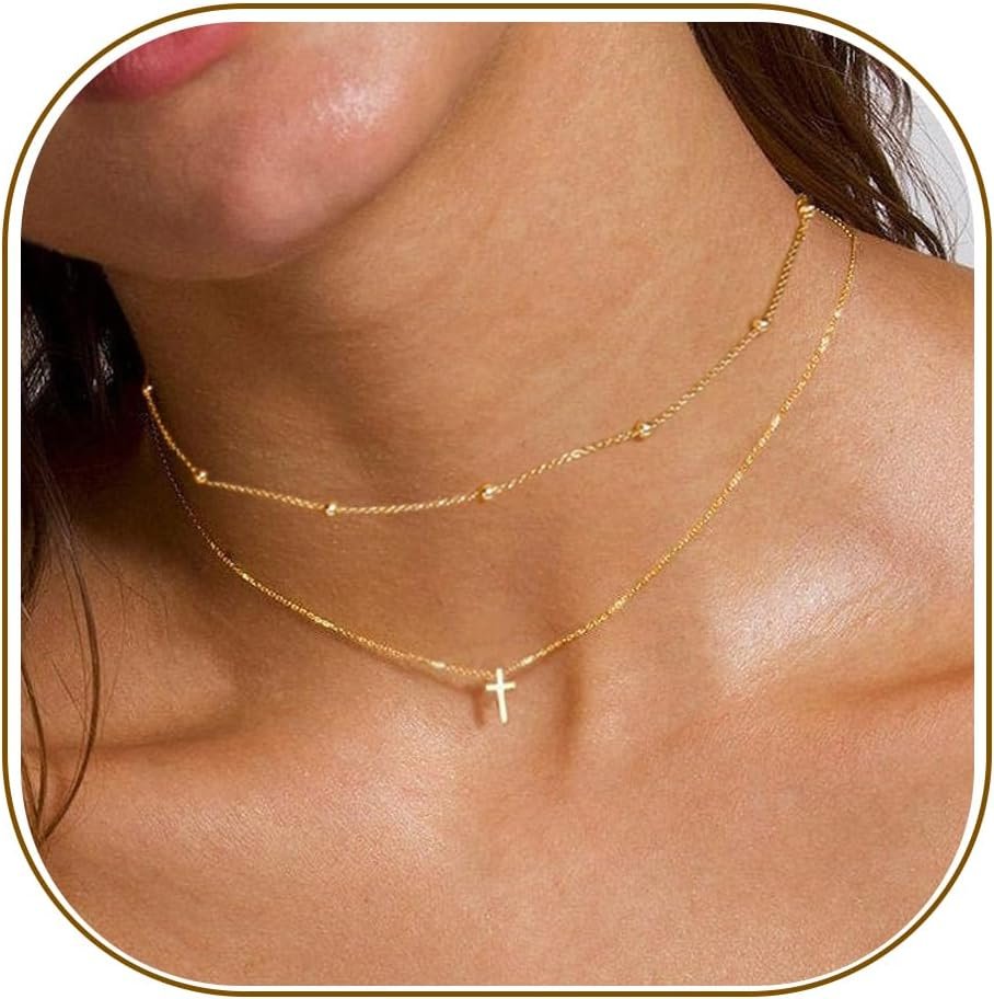 14K Gold Layered Cross Necklaces for Women,Tiny Small Sideways Cross Necklace Minimalist Christian Jewelry Gifts First Communion Confirmation Easter Stuff,2Pcs
