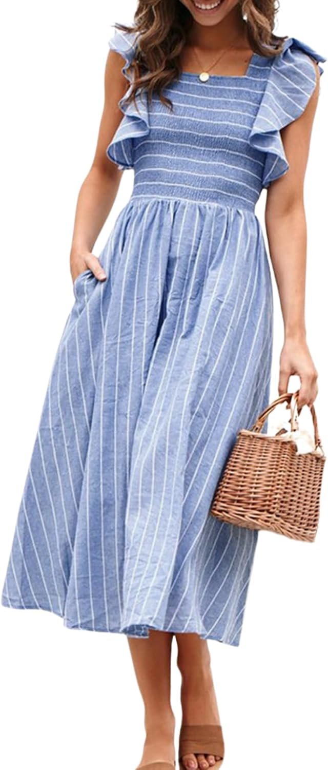 Miessial Womens Summer Smocked Midi Dress Casual Flutter Sleeve Long Boho Flowy A Line Church Modest Dresses with Pockets