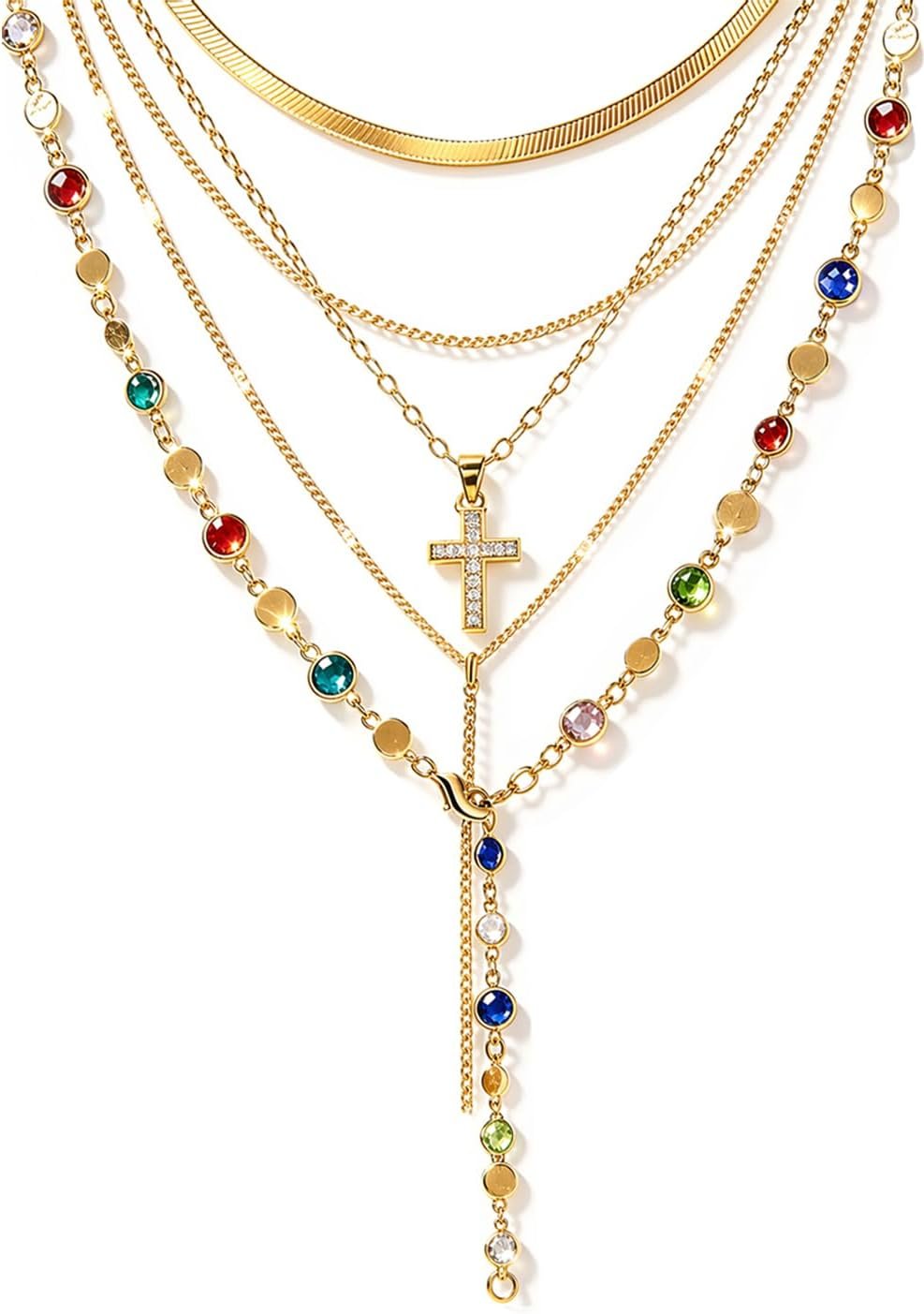 FAXHION 5PCS 14k Gold Plated Cross Necklaces for Women, Pendant Stacked Layered Diamond Y Long Boho Jewelry Sets Adjustable Accessories Trendy Gifts for Women