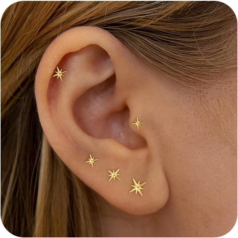 3-5 Pairs Gold Stud Earrings for Women Trendy 925 Sterling Silver Stud Cartilage Earrings Hypoallergenic 14K Gold Plated Pearl Star Earring Sets for Multiple Piercing Cubic Zirconia Opal Jewelry