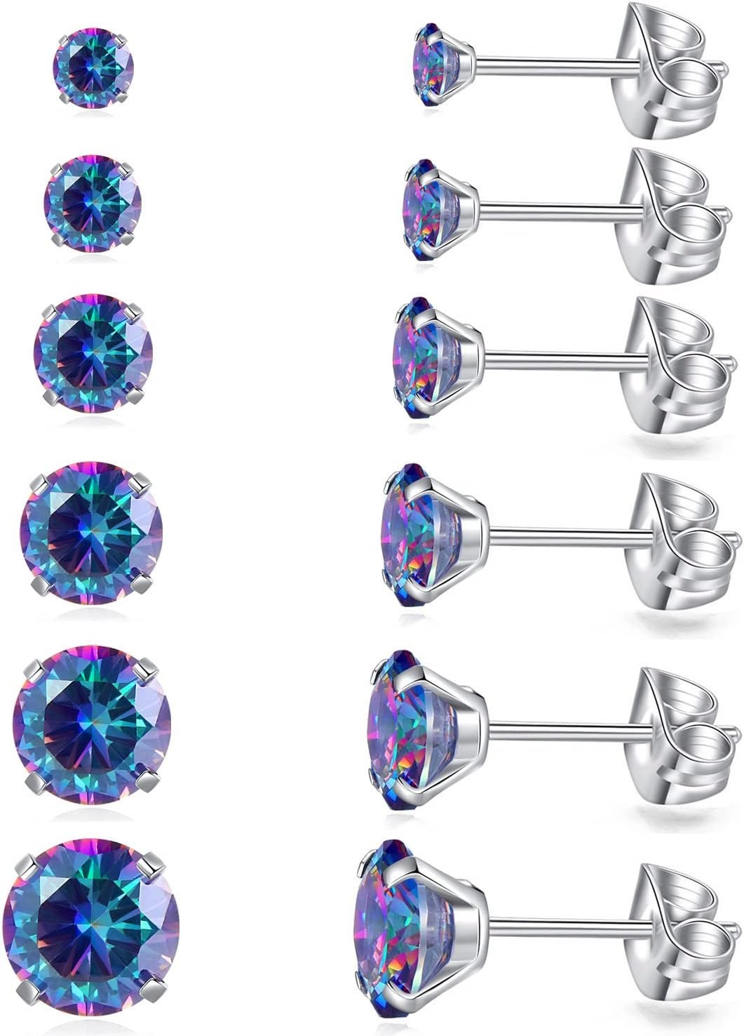 6 Pairs Stud Earrings Set, Hypoallergenic Cubic Zirconia Earrings 316L Stainless Steel CZ Earrings 3-8mm