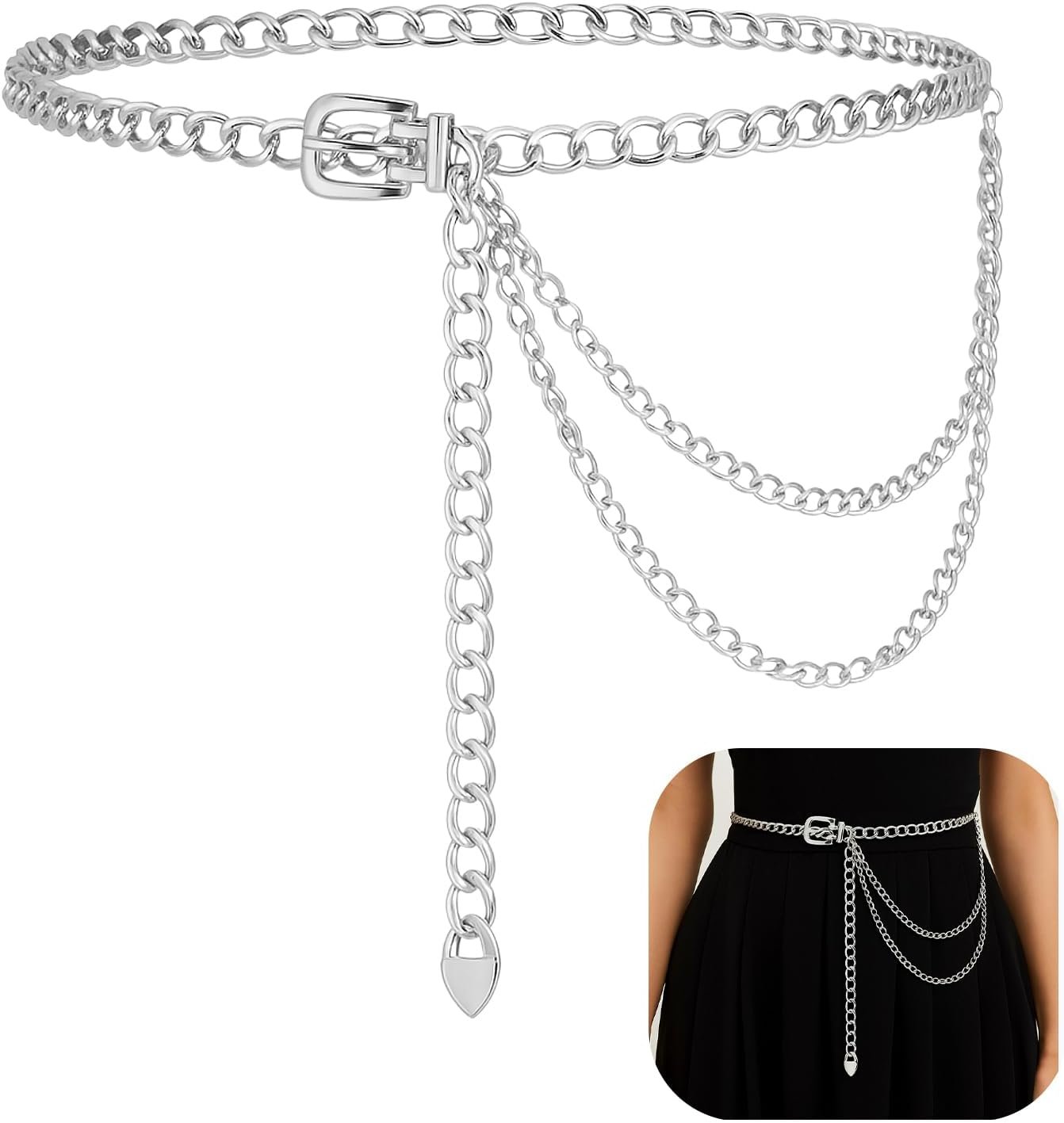 TIESOME Punk Waist Chain Silver Metal Belt, Fashion Multilayer Chain Belts Adjustable Metal Body Waist Link Belts Elegant Jewelry Accessories Body Decorate for Dresses Jeans Skirts Trouser