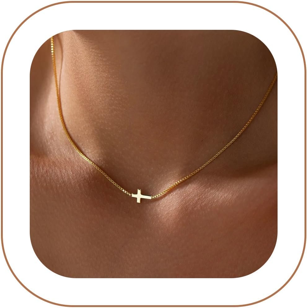 Rotnso Cross Necklace for Women 14K Gold Silver Plated Dainty Small Cross Pendant Choker Simple Trendy Cute Cross Charm Chain Necklace Easter Basket Stuffers Baptism Religious Faith Jewelry Gift