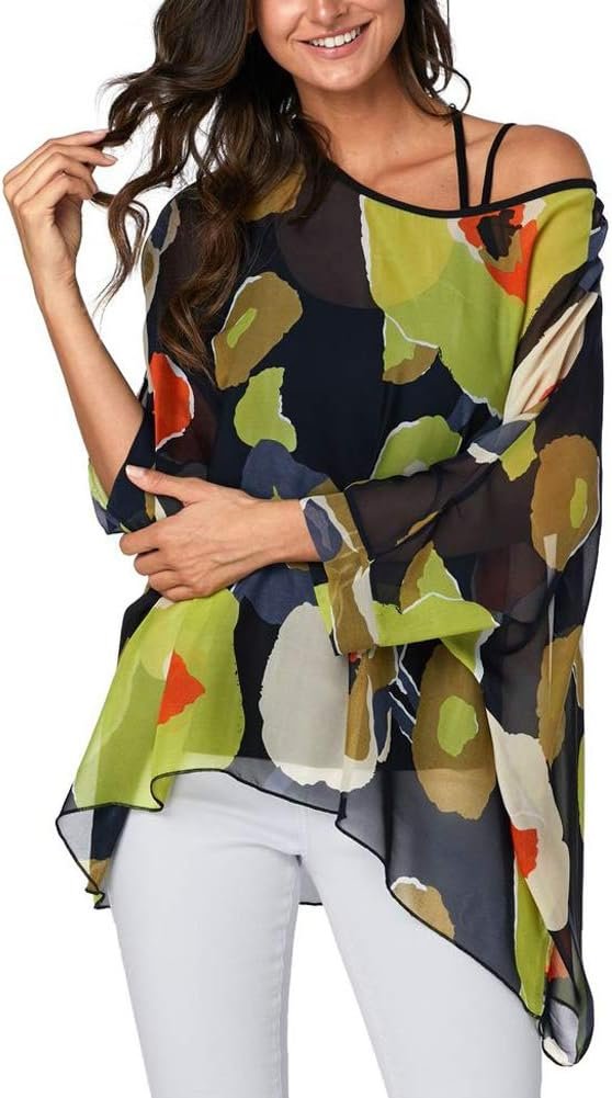 Ckikiou Plus Size Batwing Flowy Semi Sheer Chiffon Blouse Tunic for Women Summer Floral Print Boho Beach Cover ups