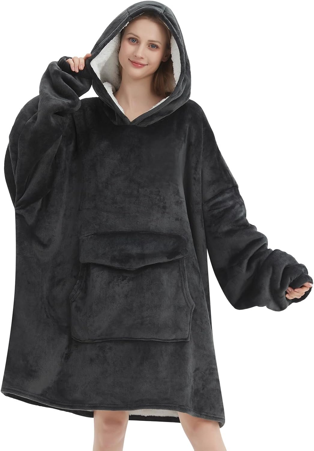 Mewkou Wearable Blanket Hoodie for Adult,Oversized Sherpa Fleece Blanket Hoodie for Women Men,Grey