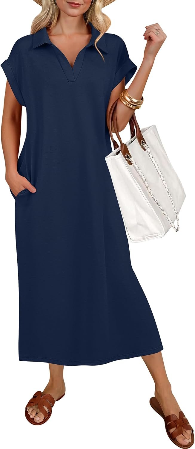 ANRABESS Womens Summer Casual Polo V Neck Dresses | Short Sleeve Split Tshirt Maxi Dress with Pockets, Soft Wrinkle-Free Loose Fit, Beach Vacation Travel Outfit, Summer Clothes