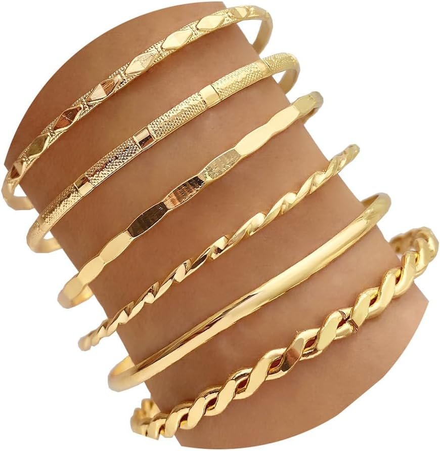IFKM Gold Bangle Bracelets For Women, 14k Gold Plated Multi Layer Stackable Cuff Bracelet Set, Trendy Elegance Charms Non Tarnish Minimalist Textured Boho Jewelry Gift for Women