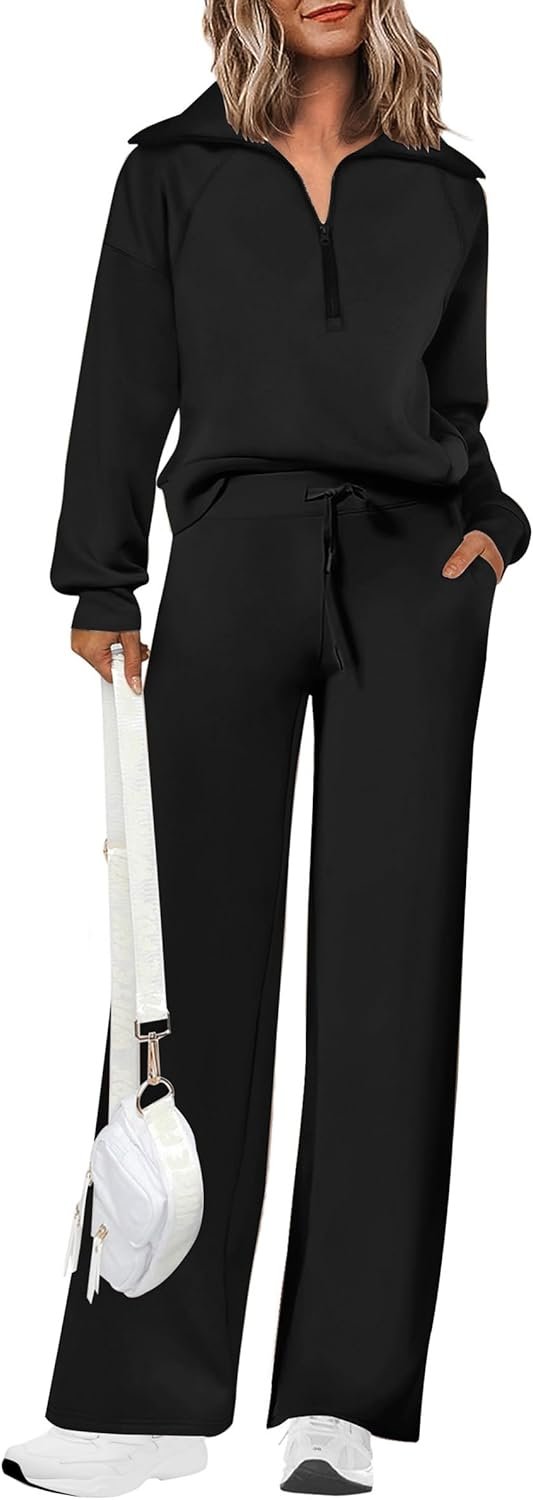 PRETTYGARDEN Women’s 2 Piece Outfits Casual Lapel Half Zip Sweatshirts and Wide Leg Pants Tracksuit Sets
