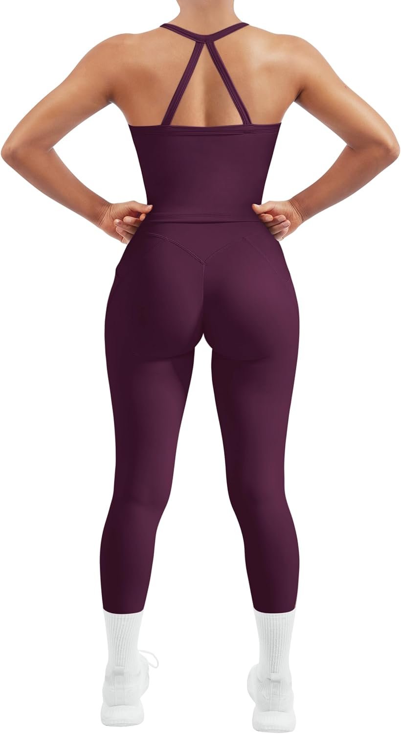 SUUKSESS Women 2 Piece Workout Sets Compression Tummy Control Leggings with Pockets Halter Built in Bra Tank Tops