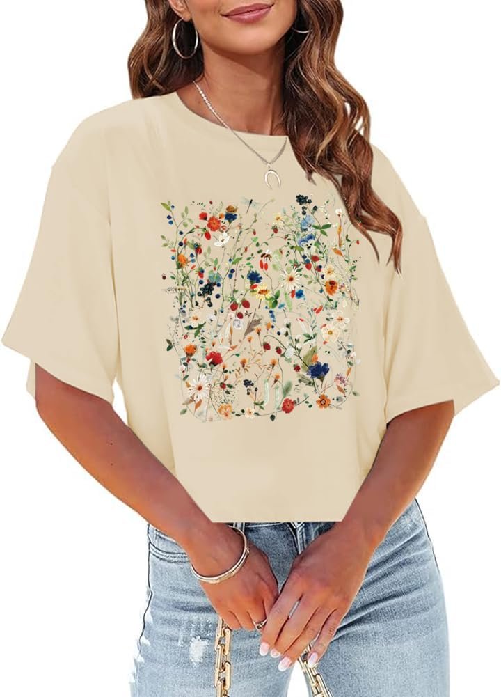Womens Crop Top T Shirt Wildflower Graphic Tees Short Sleeve Summer Casual Loose Beach Adventure Tops