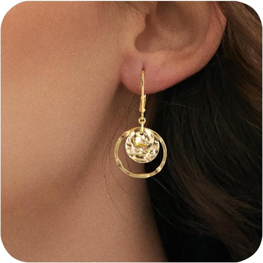 Silver Disc Leverback Earrings for Women Gold and Silver Circle Drop Dangle Earrings Jewelry Hypoallergenic Hammered Leverback Dangle Earrings for Gifts