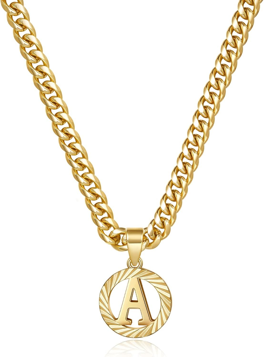 KissYan Gold Initial Necklace,14K Gold Plated Round Letter Pendant Hollow Capital Monogram 5mm Cuban Chain Necklace Alphabets from A-Z Dainty Jewelry for Women Men