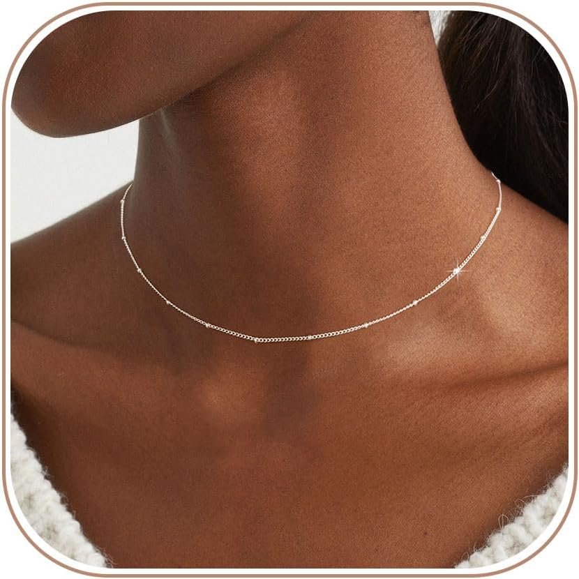 BERISO 14K Gold/Silver Plated Choker Necklace for Women Shining Dots Station Gold Chain Necklace Beads Sparkle Chain Necklace Link Chain Exquisite Jewelry for women