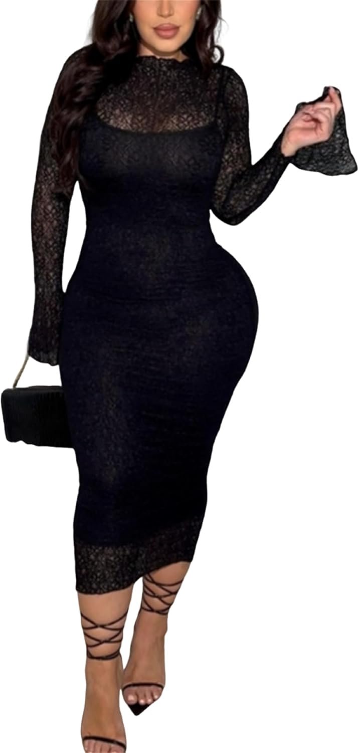 Women’s Elegant Bodycon Midi Dress Lace Party Cocktail Wedding Guest Dress