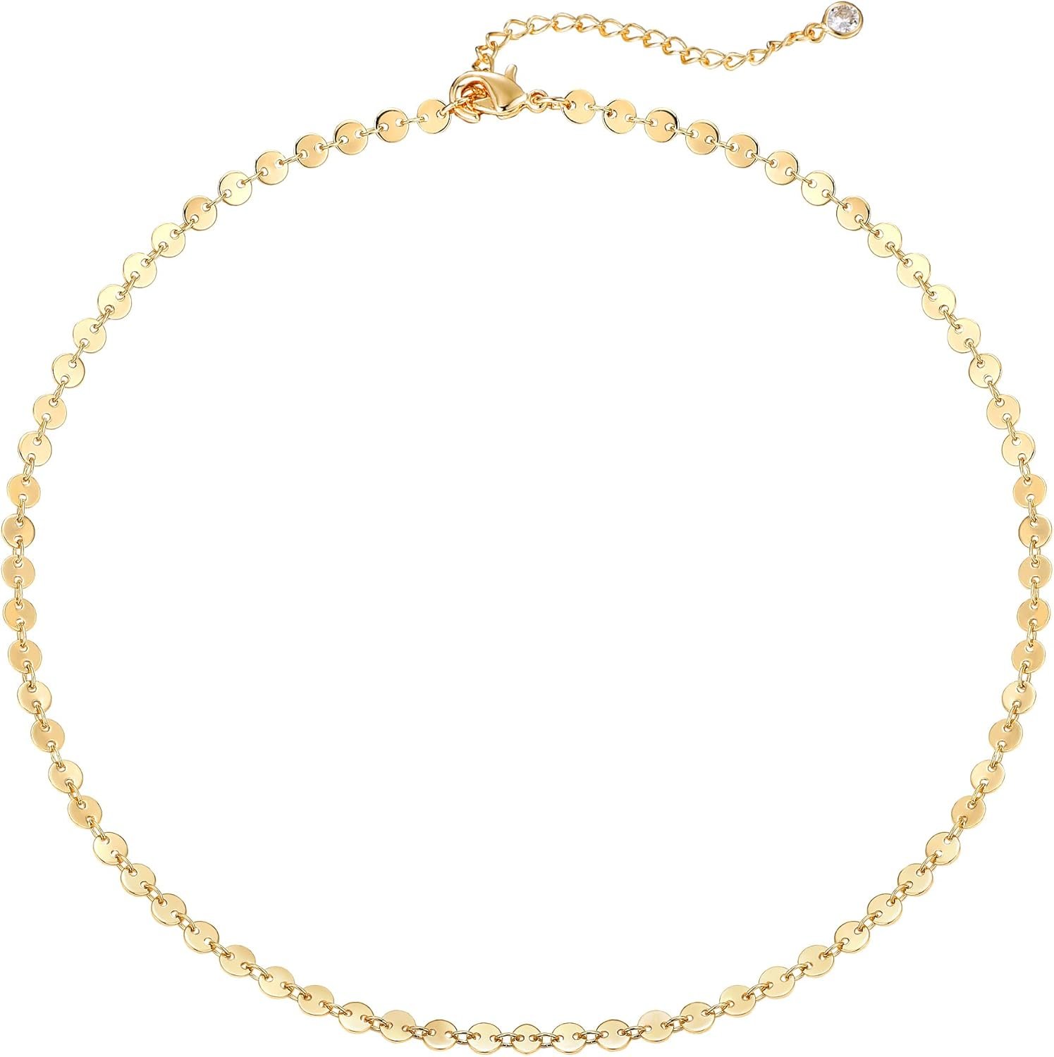 Dremmy Studios Dainty Gold Choker Necklace for Women 14K Gold Plated Coin Disc Figaro Layered Beaded Flat Mariner Sideways Cross Wishbone Link Clavicle Necklaces