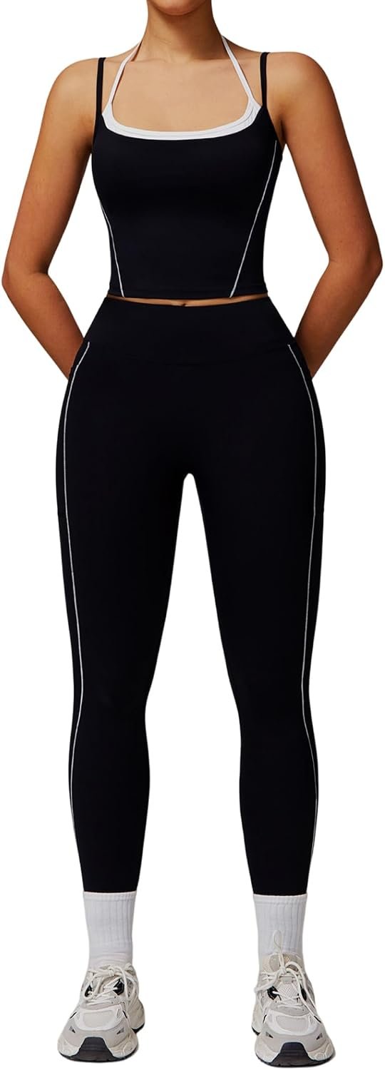 QBGJTD Womens Workout Sets Two Piece Spaghetti Straps Tank Top Matching High Waist Leggings Gym Work Out Outfits with Pockets