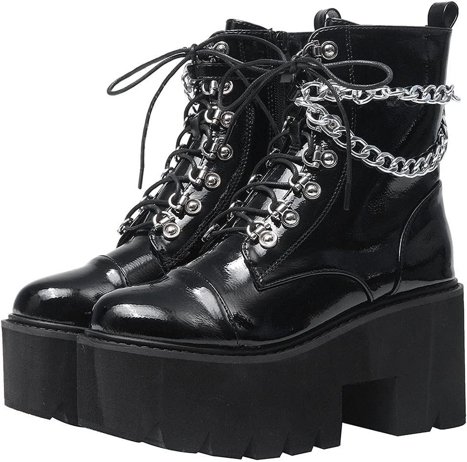 CYNLLIO Platform Boots for Women Combat Ankle Boots Rave Goth Chunky Wedge Heel Booties Punk Chain Lace Up & Zipper Shoes for Festival Concert Cosplay Party
