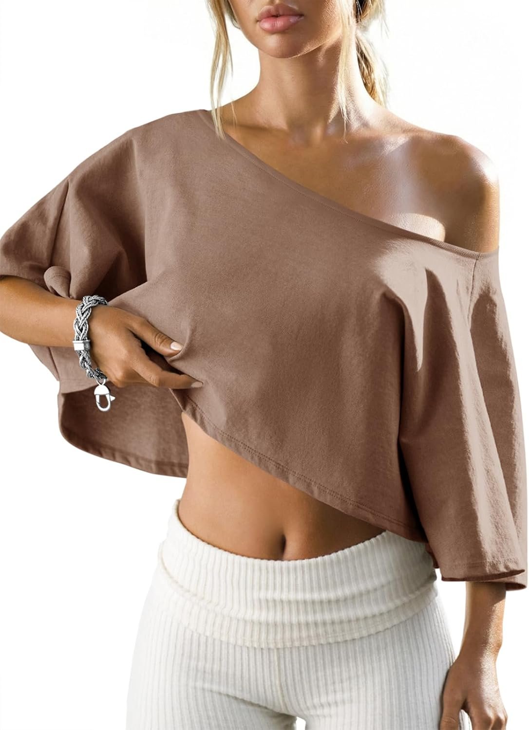 Fisoew Womens Off Shoulder Cropped Tops Batwing Short Sleeve Workout Shirts | Asymmetrical Neck, Summer Casual, T Shirts