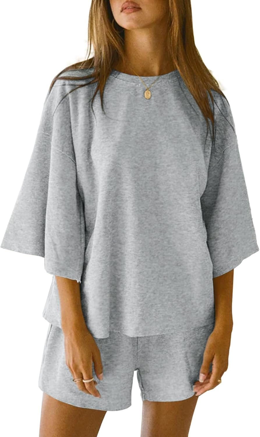 Tankaneo Womens Pajama Sets 3/4 Sleeve Oversized Tops & Loose Fit Shorts Lounge Set with Pockets Loungewear