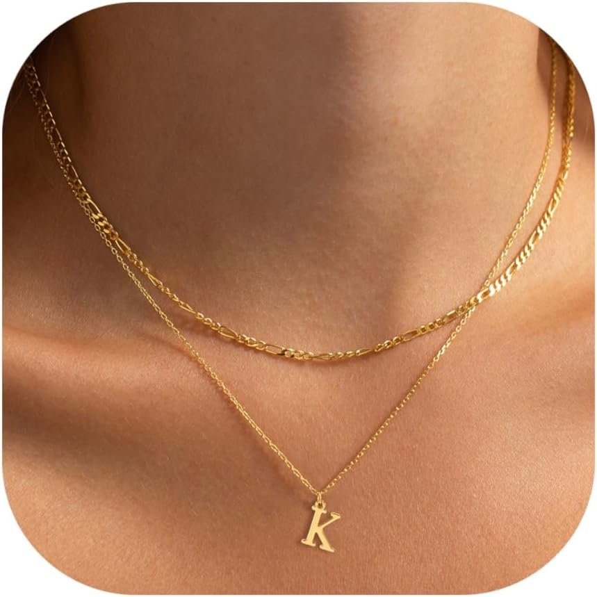Initial Necklaces for Women Dainty Gold Silver Layered Letter Pendant Necklace Cute Figaro Chain Choker Necklace Personalized Trendy Stuff Jewelry Stack Gift for Women Her