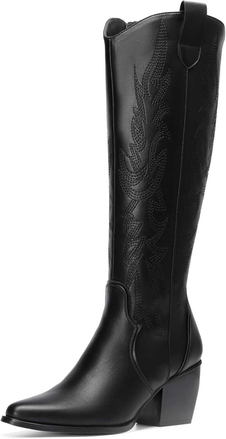DREAM PAIRS Womens Cowboy Boots Wide Calf Comfortable Pull On Zipper Chunky Heel Pointed Toe Embroidered Western Cowgirl Knee High Boots Ladies Retro Tall Boot