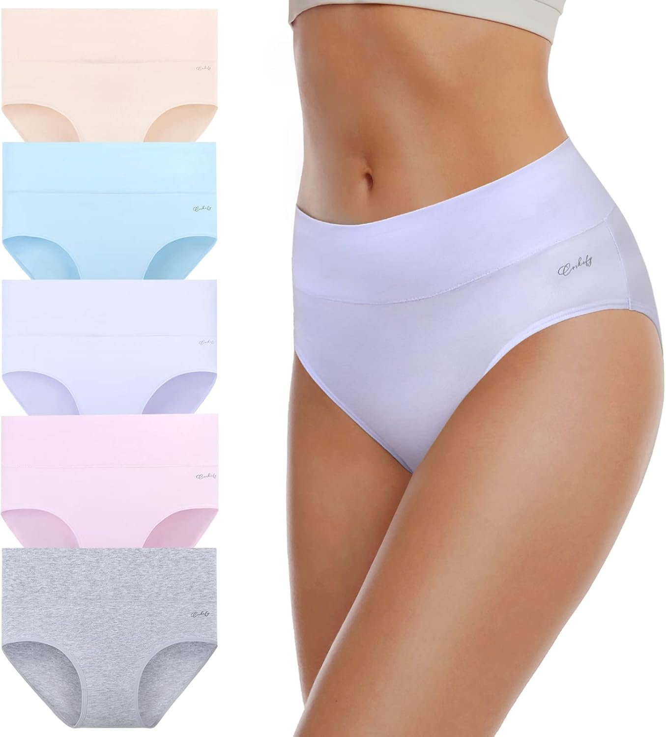 coskefy Women’s High Waisted Cotton Underwear Soft Breathable Panties Stretch Briefs Ladies Panties 5 Pack