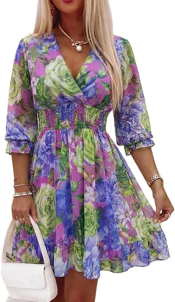 CHICME Women Floral Boho Wrap Dress V-Neck High Waist Short Layered Lined Summer Casual Beach Wedding Guest Dress