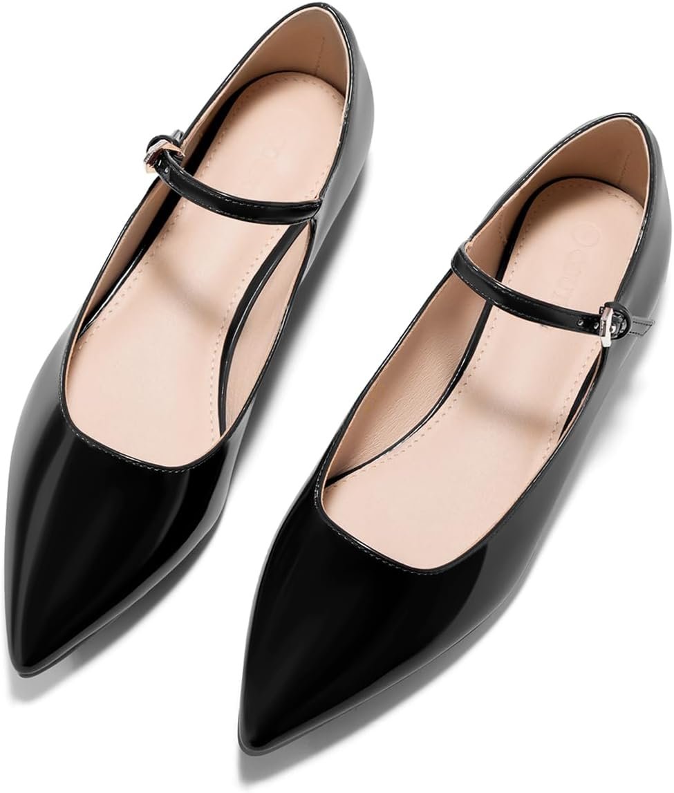Coutgo Womens Mary Jane Flats Closed Pointed Toe Ballet Flats Ankle Strap Work Dress Shoes