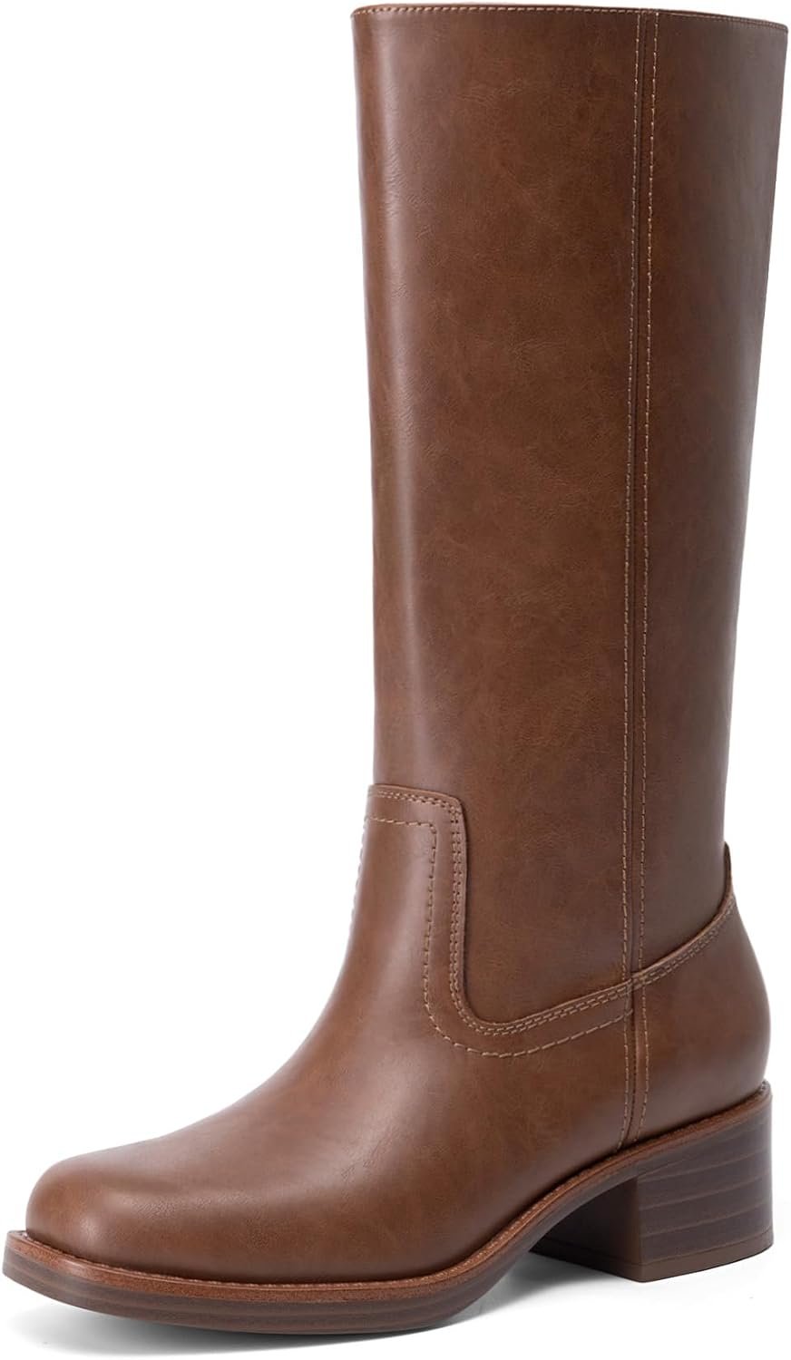 DREAM PAIRS Women’s Mid Calf Riding Boots Square Toe Retro Banana Boots Chunky Block Heel Pull-On Fashion Boots