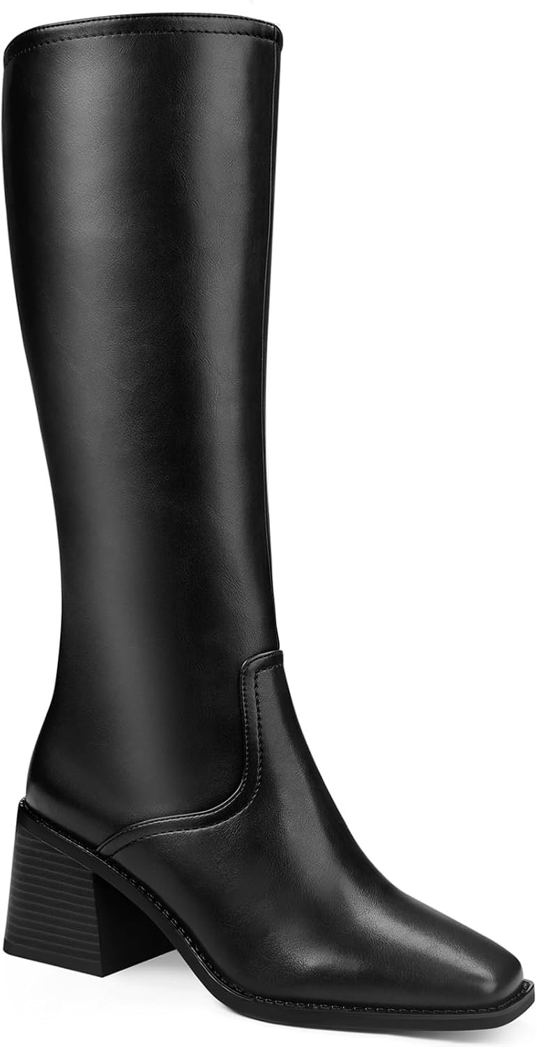 Knee High Boots Women – Long Elastic Faux Leather Boots Tall Square Toe Chunky Block High Heel Shoes with Side Zipper