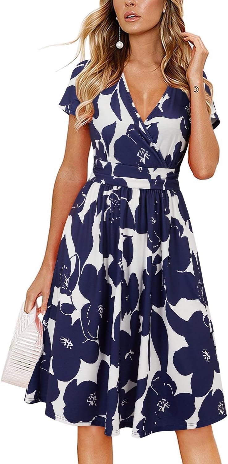 OUGES Casual Summer Dress for Women Wrap V Neck A Line Midi Dresses with Pockets