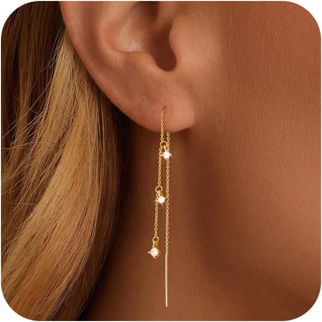 NECOCY Gold Dangle Earrings for Women Non Tarnish 14K Gold Plated Drop Wedding Hypallergenic Earring Dainty Long Hanging Chain CZ Pearl Threader Earrings Trendy Silver Plated Jewelry for Women