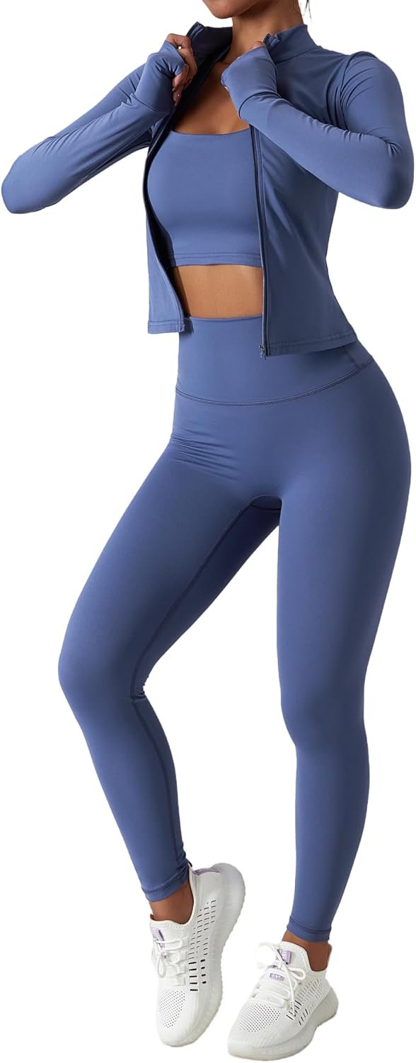 Yknktstc Women 2 Piece Tracksuit Zip Jacket High Waist Leggings | Full Zip Long Sleeve Jacket With Thumb Hole, High Waist Tummy Control & Butt Lift Leggings, Athletic Gym Yoga Outfit