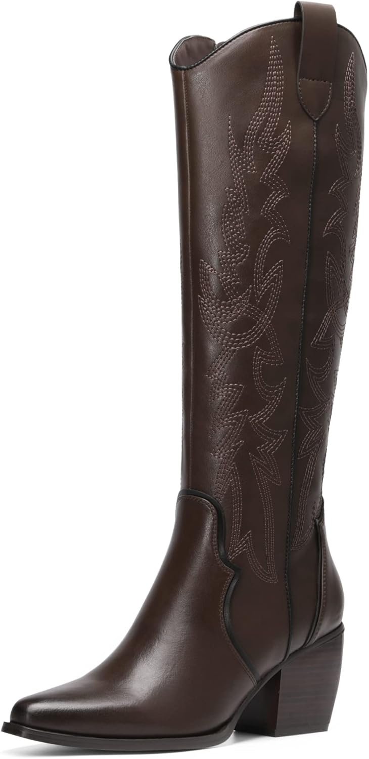DREAM PAIRS Womens Cowboy Knee High Chunky Heel Boots | Wide Calf Comfortable Pull On Zipper Embroidered Western Cowgirl Knee High Boots Ladies Retro Tall Boot
