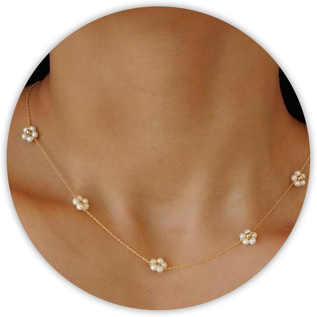 SmileBelle Pearl Necklaces, Daisy Pearls Choker for Women’s Pearl Strand Necklaces as Silver and Gold Choker for Teens, Silver Daisy Birthday Gifts 3 Pearls White Necklace as Prom Bridesmaid gifts
