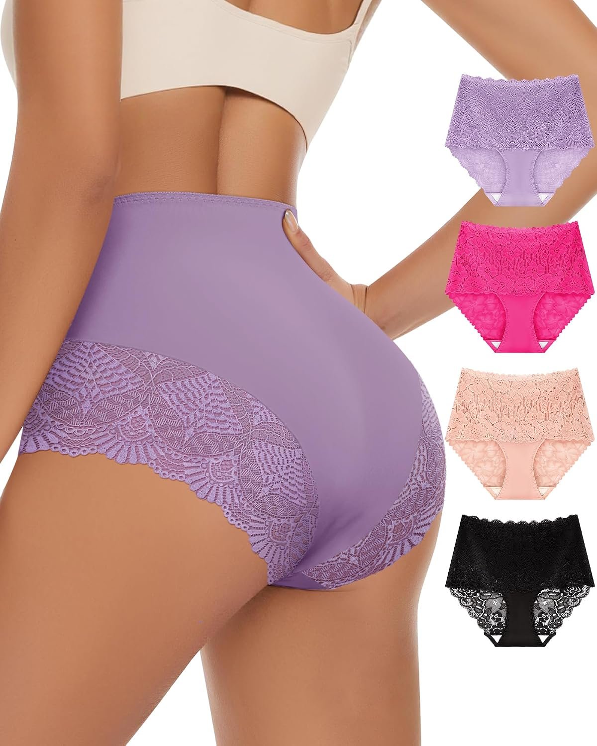 Women’s High Waisted Underwear Ladies Lace Sexy Panties Breathable Soft Stretch 4 Pack Full Coverage