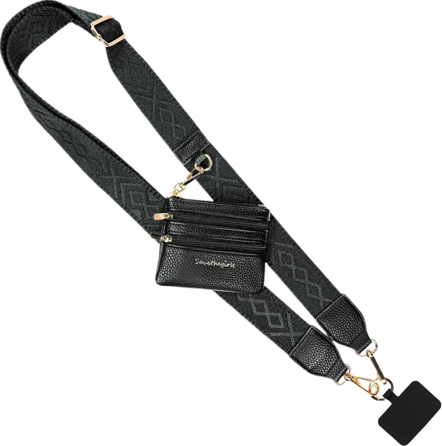 Save the Girls Original Clip and Go Phone Strap Pattern (Classic – Black) – Crossbody Phone Strap Chain with Zipper Wallet Pouch – Phone Lanyard Zippered