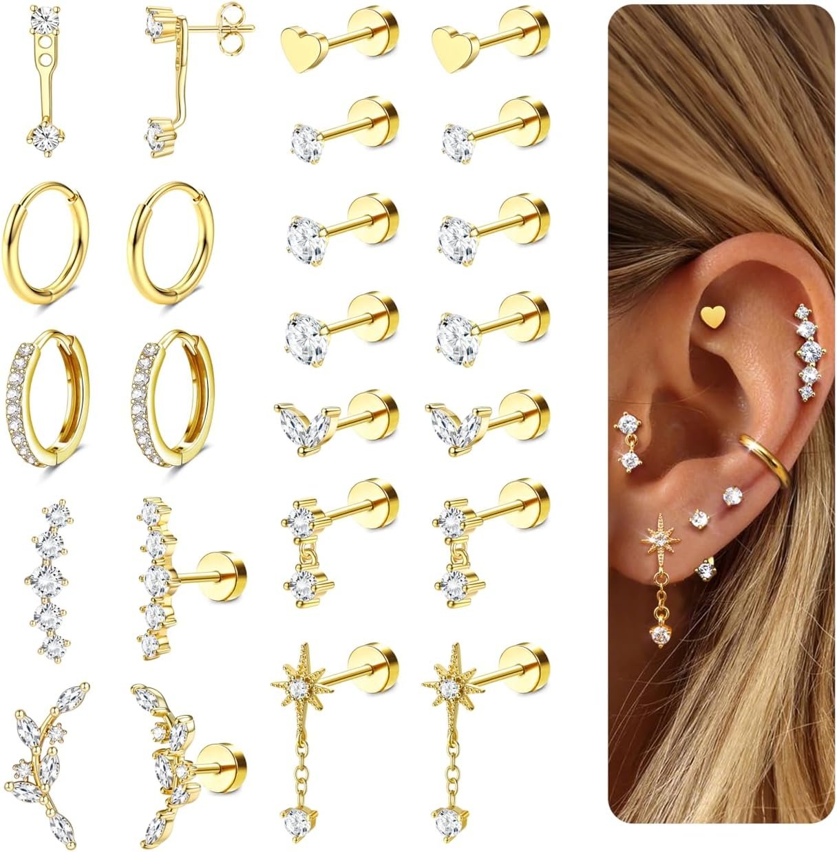 LOLIAS Hypoallergenic Flat Back Earrings-Cartilage Earring Stacks-Surgical Steel Earrings for Sensitive Ears – Small Stainless Steel Flatback Stud Hoop Earring Sets for Helix Tragus Conch Daith Multiple Piercing Jewelry Trendy