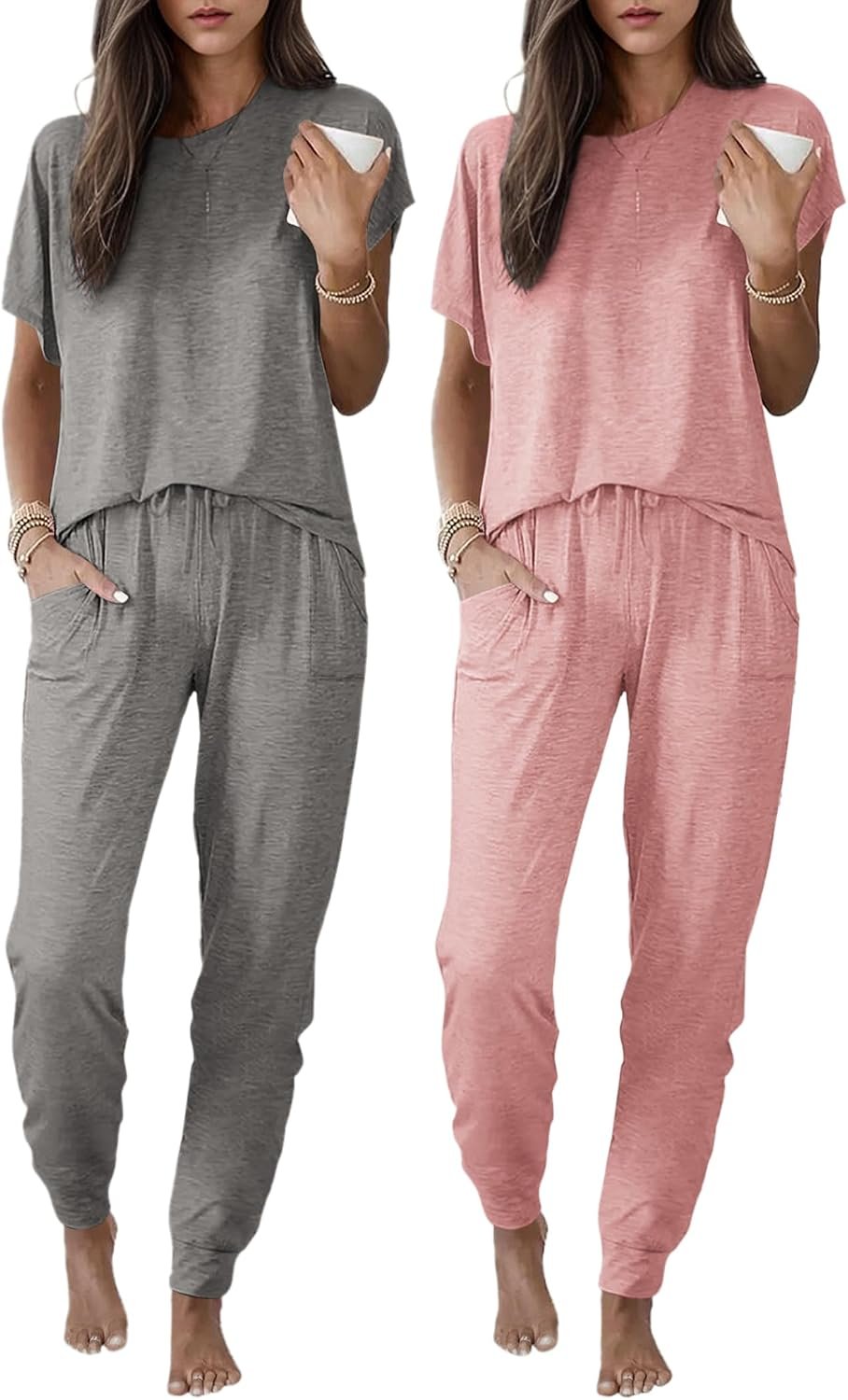 Ekouaer 2 pack Pajama Sets for Womens Jogger Pants Pjs Short Sleeves Lounge Set Soft Sleepwear with Pockets