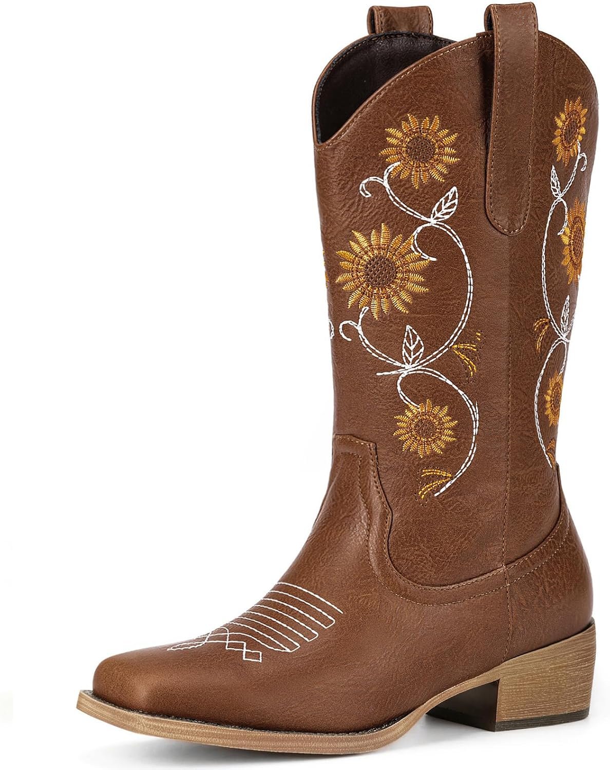 Cowboy Boots for Women – Mid Calf Western Sunflower Cowgirl Boots with Floral Embroidery, Square Toe Stitched Pull On Retro Design, Perfect for Country Idyll, Concerts and More