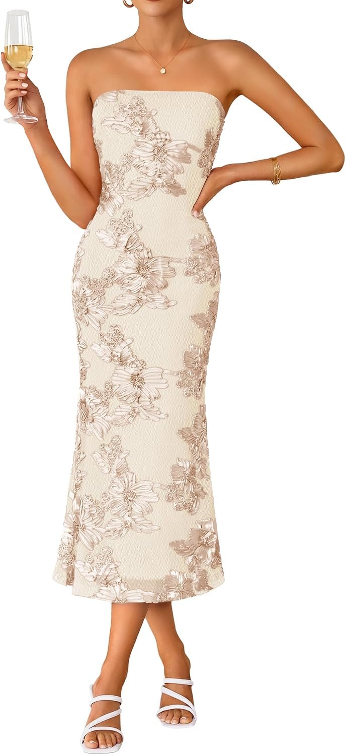 ZESICA Cocktail Wedding Guest Dresses for Women 2026 Summer Strapless Floral Bodycon Mesh Tube Formal Party Midi Dress