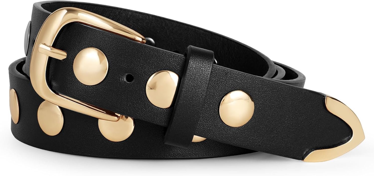 WERFORU Women Fashion Leather Belt Studded Leather Belt Ladies Belts for Jeans Dress Punk Belt