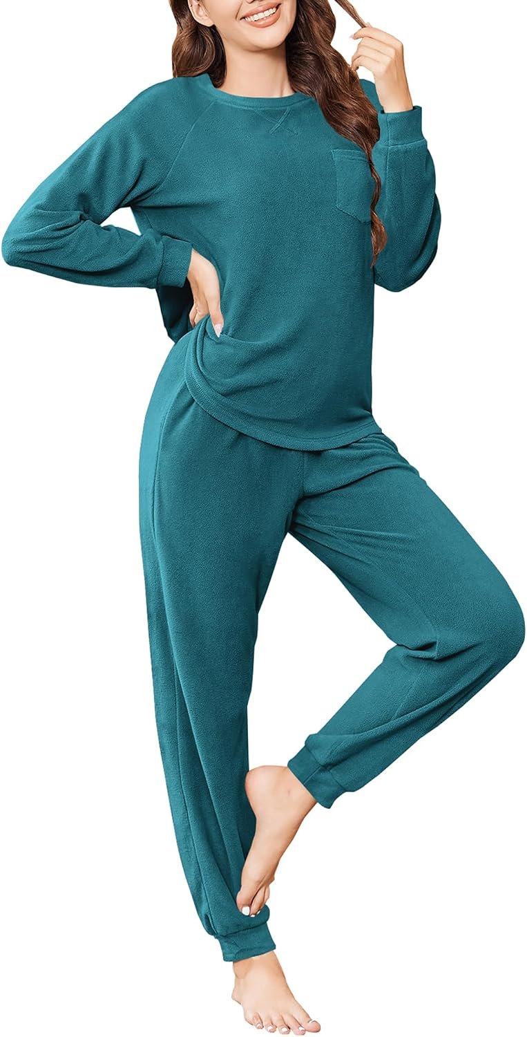 Ekouaer Womens Fuzzy Fleece Pajama Sets Long Sleeve Jogger Sets Comfy Sleepwear Loungewear with Pockets
