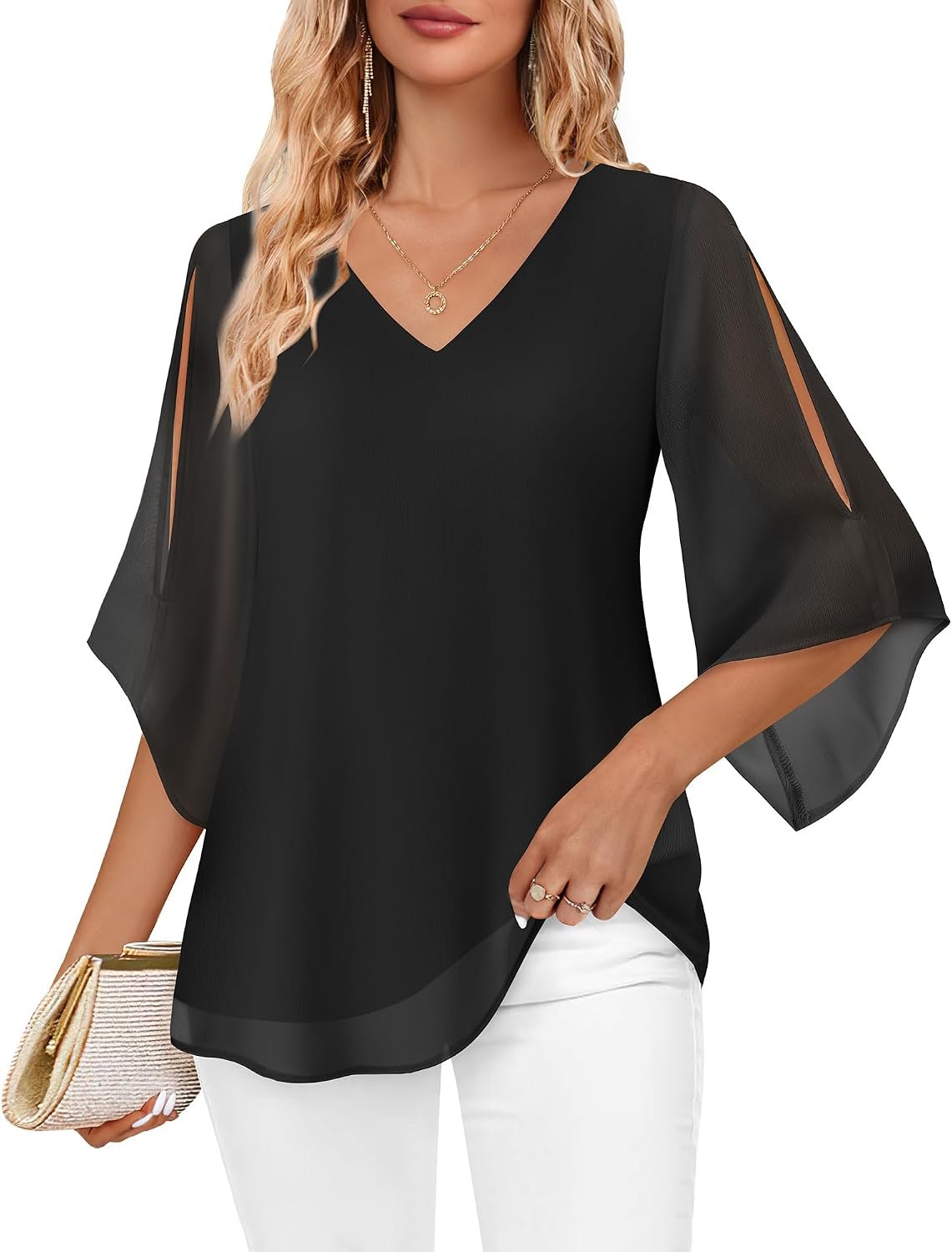 Bebonnie Womens Ruffle 3/4 Sleeve V Neck Double Layers Chiffon Blouses Dressy Tunic Tops