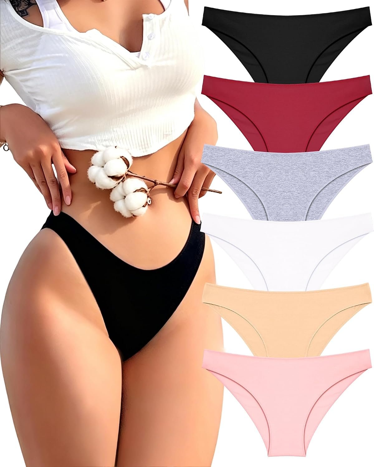 FINETOO 6 Pack Cotton Underwear for Women Cute Low Rise Bikini Panties High Cut Cheeky Underwear Womens Lingerie Outfits Clothes