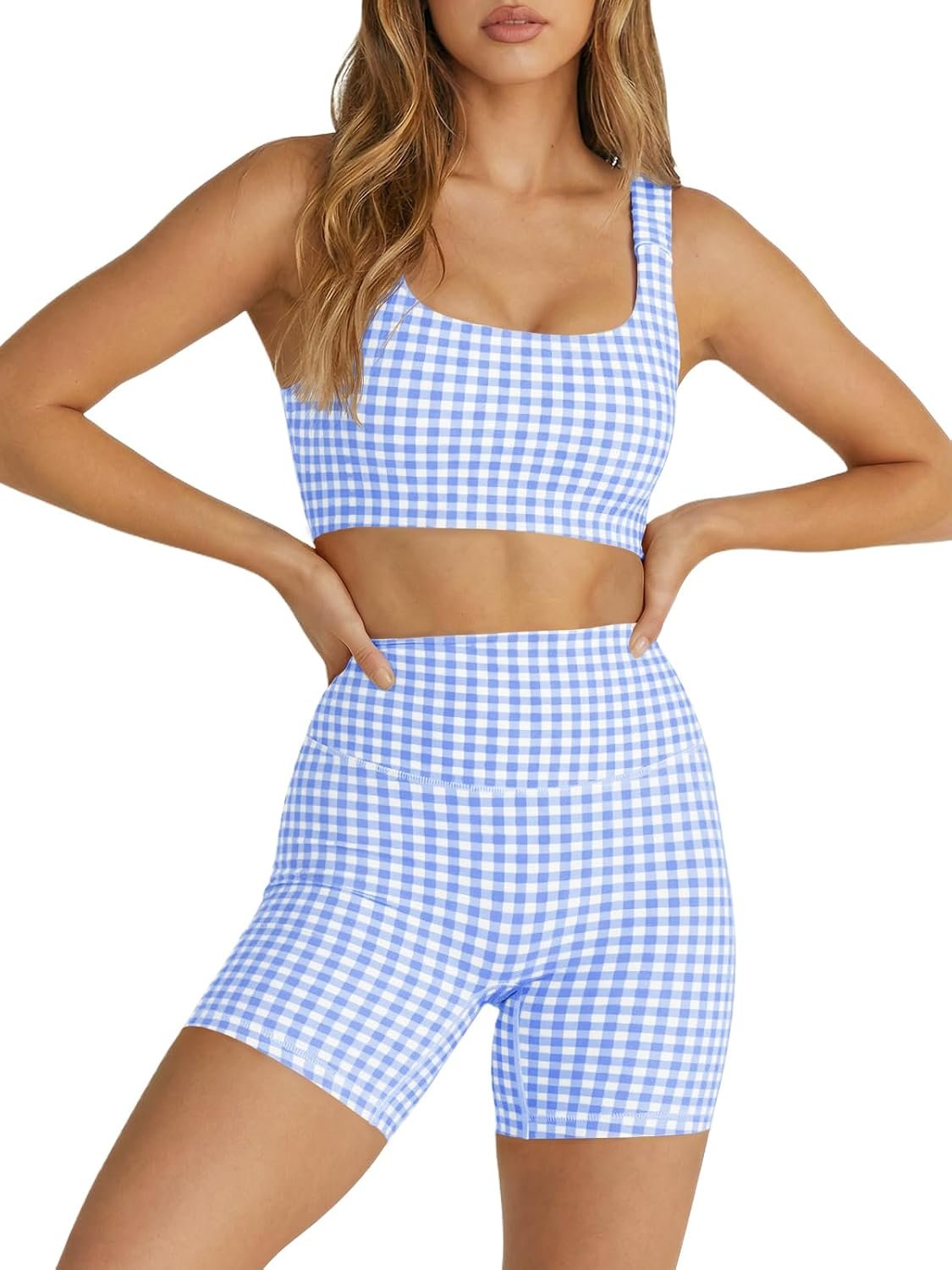 Aoysky Womens Workout Gingham 2 Piece Outfits Padded Open Back Crop Tank High Waist Sports Shorts Sets Yoga Matching Sets