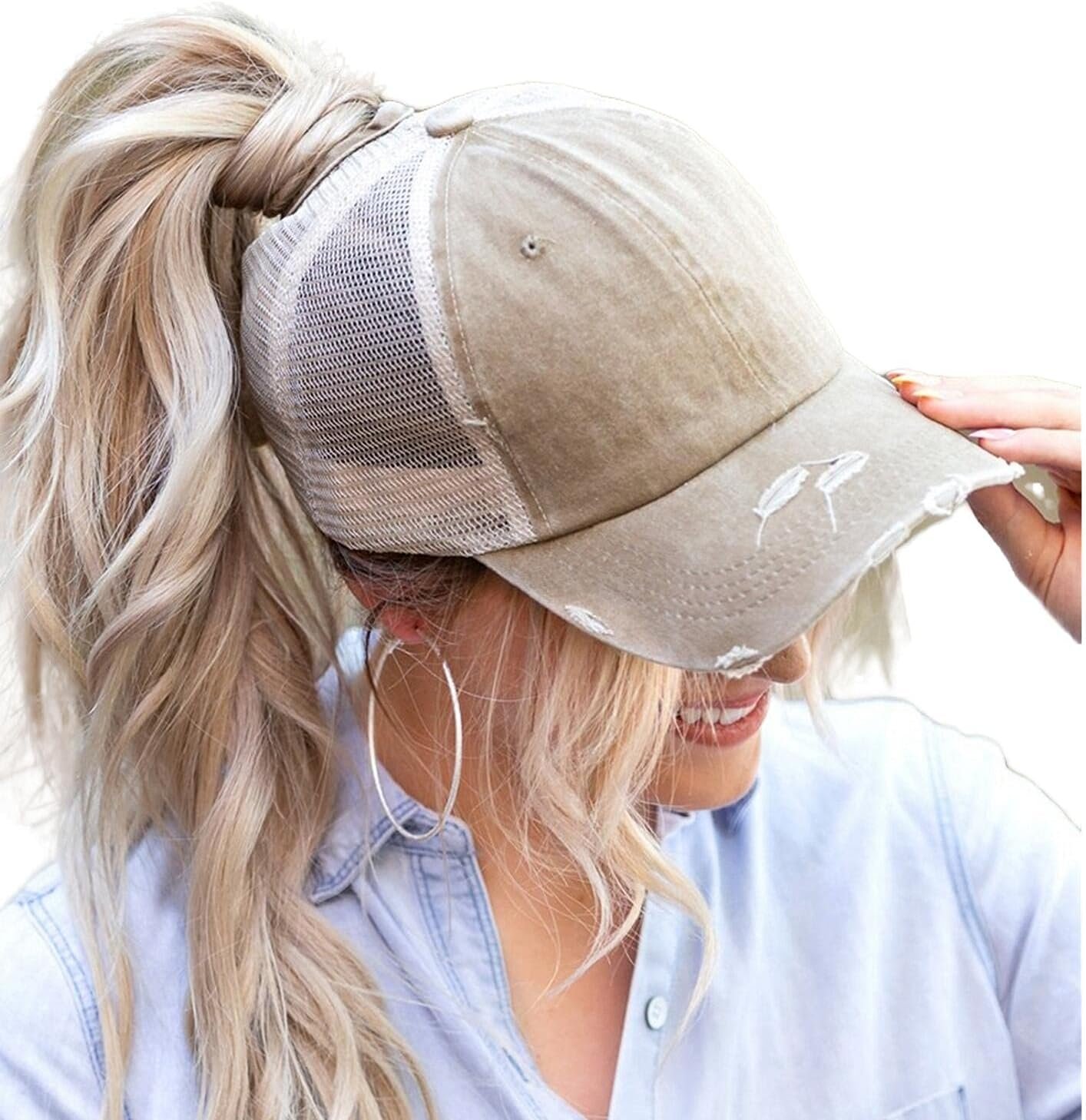Womens Ponytail High Messy Bun Hats Distressed Baseball Caps Unconstructed Washed Dad Hat Girls Trucker Ponycaps Sun Hat