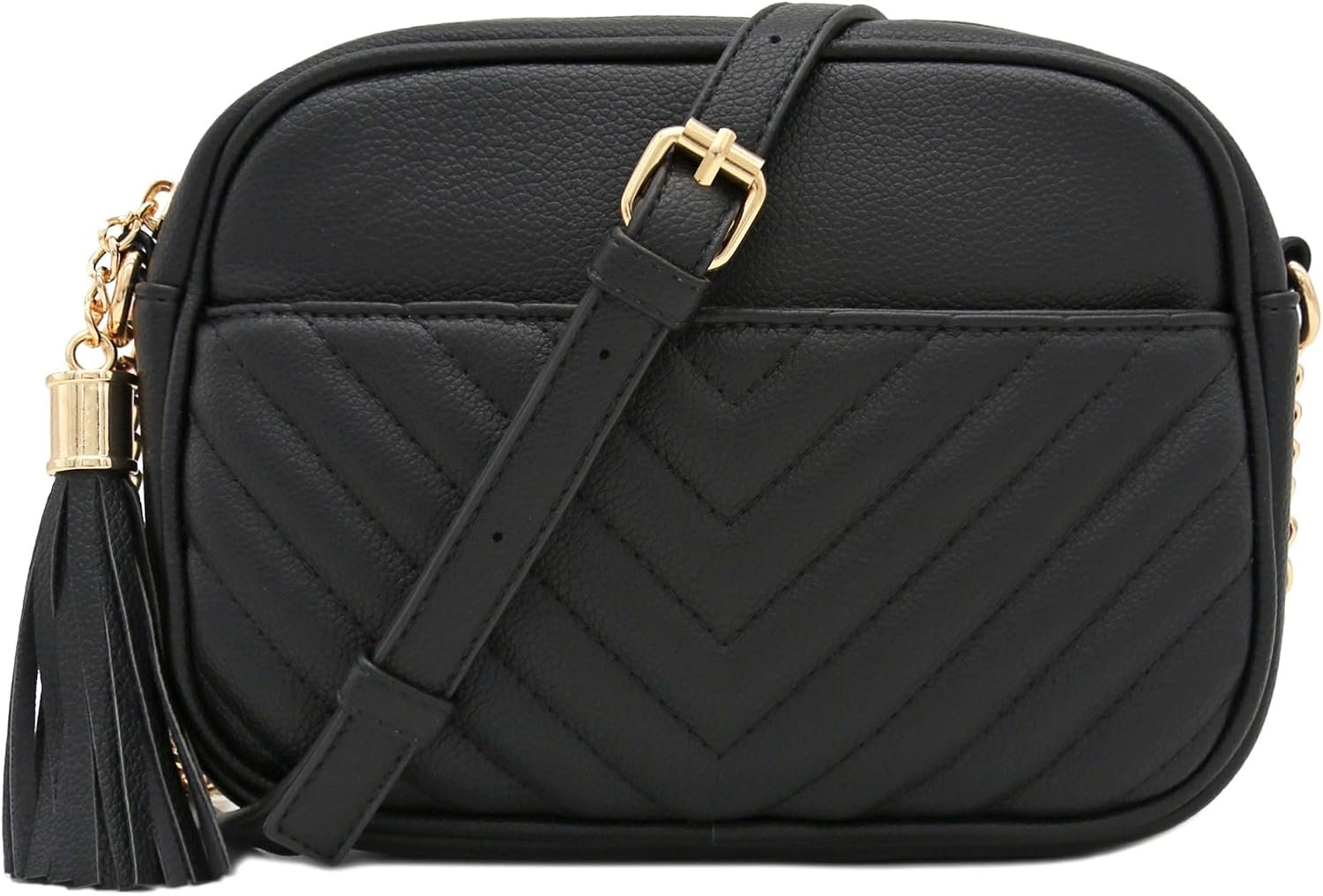 FashionPuzzle Chevron Quilted Crossbody Camera Bag with Chain Strap and Tassel