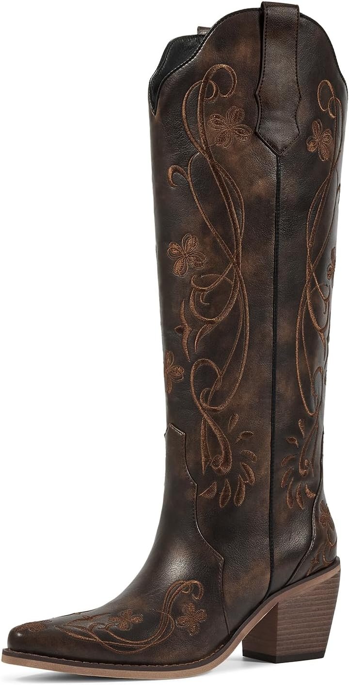 wetkiss Knee High Cowboy Boots for Women, Stable and Comfortable | Western Style,Cowgirl Boots,Versatile,Pull On,Various Occasions,Non-slip Sole,Bohemian Rural Style